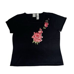 Liz Claiborne Black Floral Embroidered Square Neck Knit Top Petite L Y2k Cottage